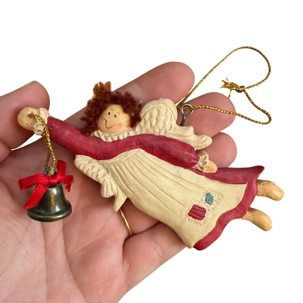 Kurt S Adler Flying Angel Christmas Ornament Red Cream Resin with Bell Vintage